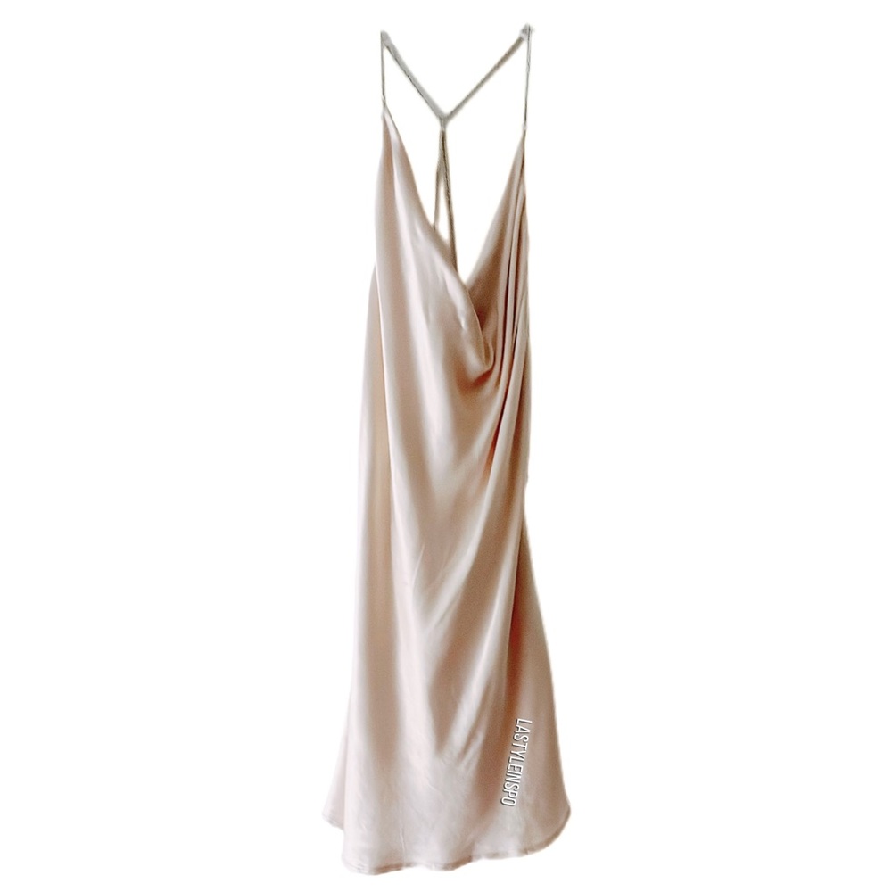 Forever 21 Satin Dress Champagne Silver Chains Crossed Back Size Small